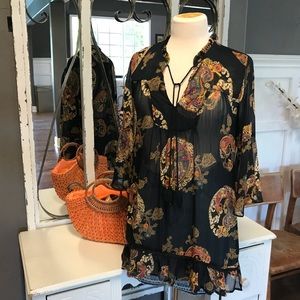 Navy bell-sleeve sheer tunic